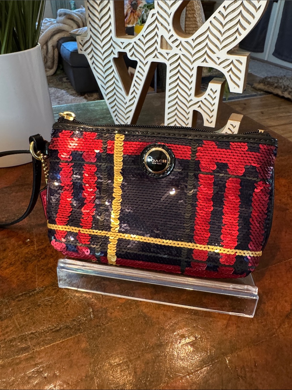 Coach Sequin Tartan Wristlet in Red, Black & Gold